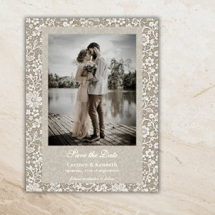 Carte Postale Mariage Beige Photo Dentelle Rustique Enregistrer