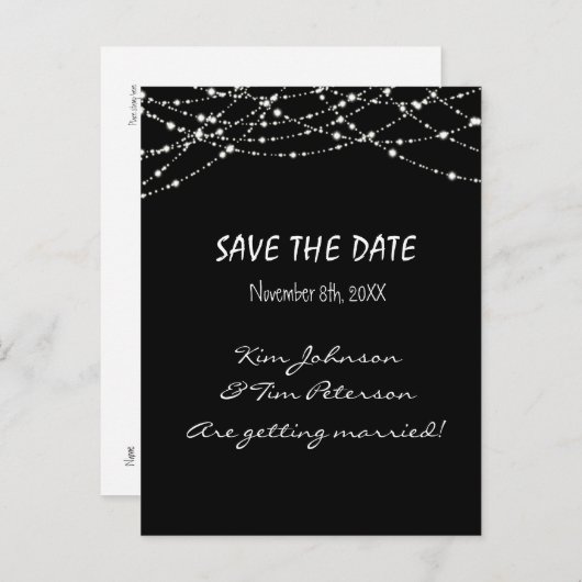 Carte postale Mariage Black Sparkle Lights Date d' (Devant / Derrière)