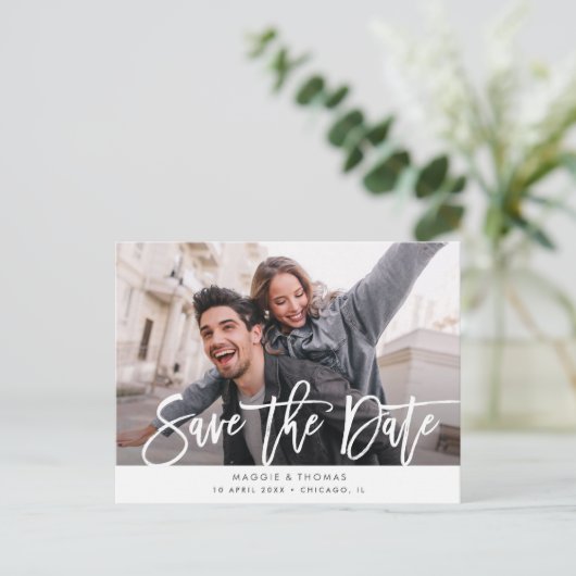 Carte Postale mariage blanc rustique enregistrer la date (Debout devant)