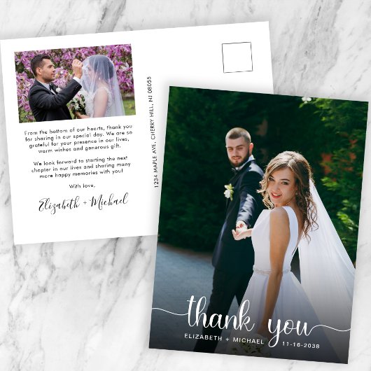 Carte Postale Mariage blanc Script photo superposition Merci