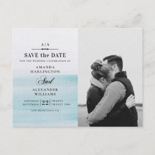 Carte Postale Mariage bleu aquarelle. Enregistrer la date nautiq
