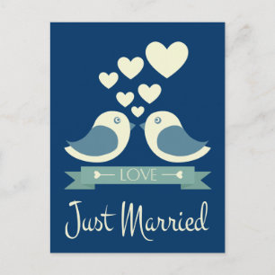 Carte postale Mariage bleu de Lovebirds juste mari