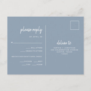 Carte Postale Mariage bleu Dusty minimaliste Choix de repas RS