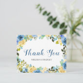 Carte postale mariage bleu jaune Merci Floral (Debout devant)