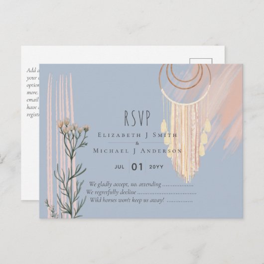 Carte Postale Mariage BOHO Dusty Blue Pêche Attrape-Rêves RSVP (Devant / Derrière)