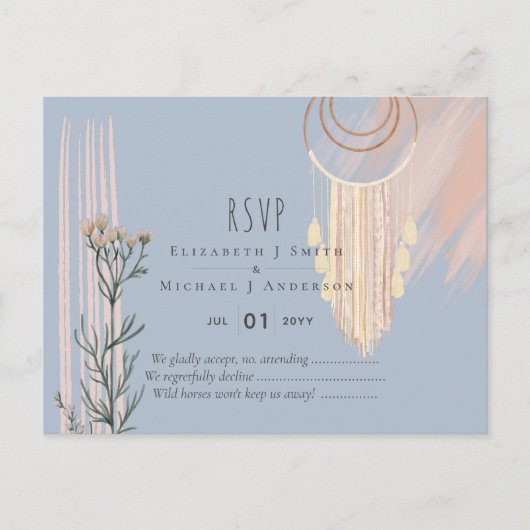 Carte Postale Mariage BOHO Dusty Blue Pêche Attrape-Rêves RSVP (Devant)