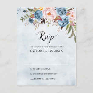 Carte Postale Mariage botanique bleu pâleur bleu Dusty RSVP