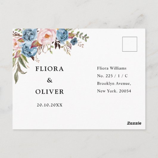 Carte Postale Mariage botanique bleu pâleur bleu Dusty RSVP (Dos)