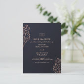 Carte Postale Mariage botanique or et marine. Enregistrer la dat (Debout devant)