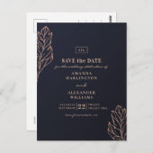 Carte Postale Mariage botanique or et marine. Enregistrer la dat (Devant / Derrière)