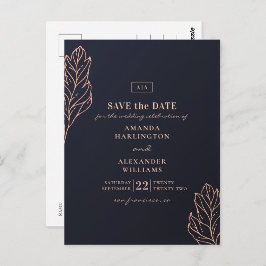 Carte Postale Mariage botanique or et marine. Enregistrer la dat (Devant / Derrière)