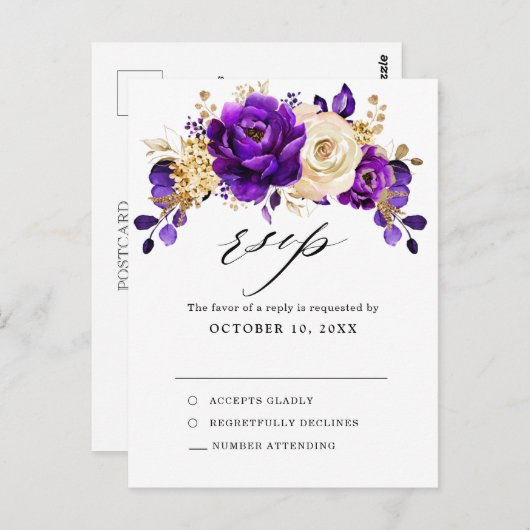 Carte Postale Mariage botanique royal violet violet or RSVP (Devant / Derrière)