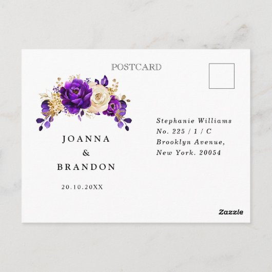 Carte Postale Mariage botanique royal violet violet or RSVP (Dos)