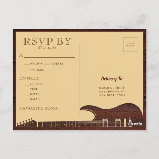 Carte Postale Mariage Brown et rouge de guitare en bois RSVP (Dos)