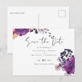 Carte Postale Mariage Budget Floral foncé violet Dates de sauveg (Devant / Derrière)
