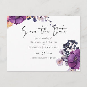Carte Postale Mariage Budget Floral foncé violet Dates de sauveg