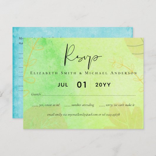 Carte Postale Mariage budget LeahG Aquarelle Turquoise Vert Bleu (Devant / Derrière)