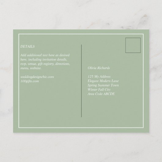 Carte Postale MARIAGE BUDGET Sage Apple Green Monochrome Texte (Dos)