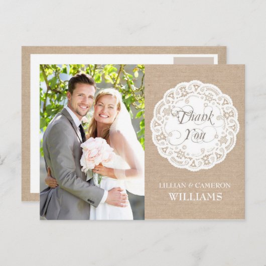 Carte postale Mariage Burlap Lace Doily Merci (Devant / Derrière)