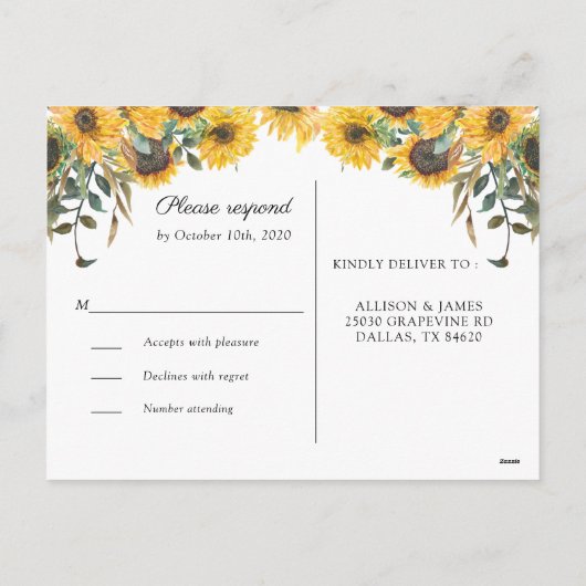 Carte postale Mariage campagnard tournesol en bois (Dos)