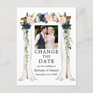 Carte Postale Mariage Canopée rose Bleu Floral Changement La Dat