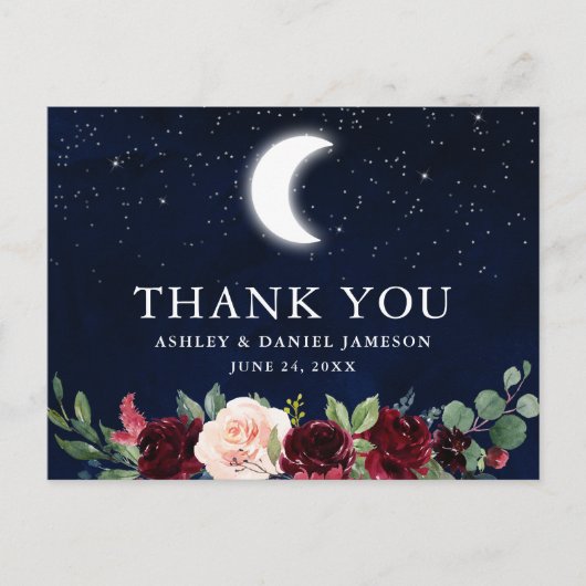 Carte Postale Mariage céleste Ciel Lune Étoiles Floral Merci (Devant)