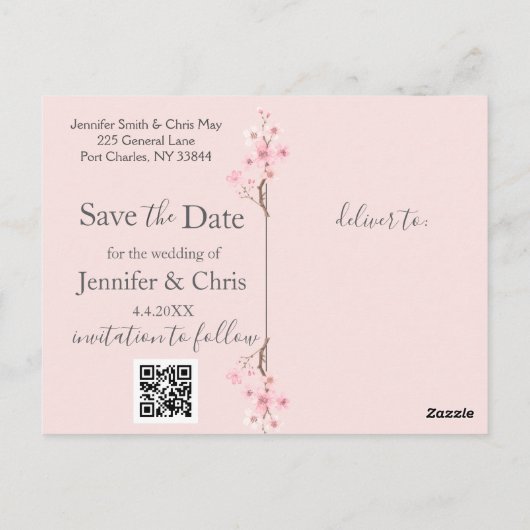 Carte Postale Mariage cerise en fleurs Enregistrer la date (Dos)