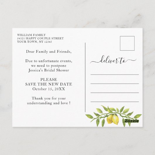 Carte Postale Mariage Change la Date Citrons Verdure (Dos)