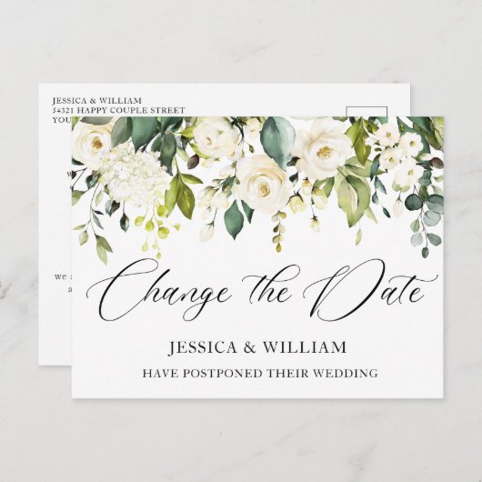 Carte Postale Mariage Changer la date Elégant Roses blanches (Devant / Derrière)