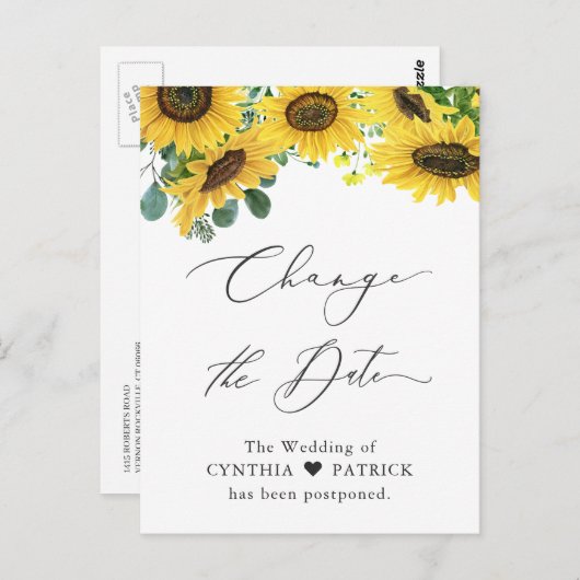 Carte Postale Mariage Changer la date Elegant Sunflower Script (Devant / Derrière)