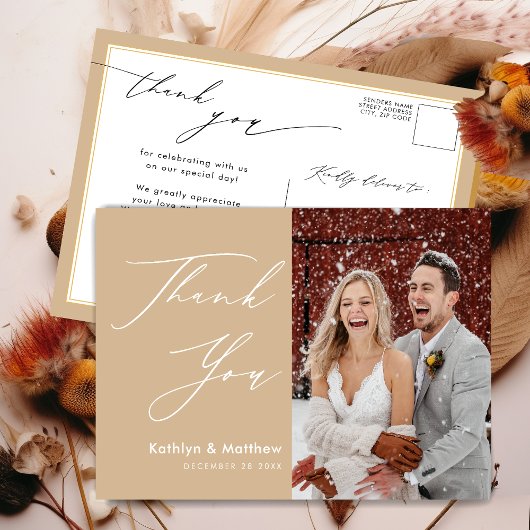 Carte Postale Mariage Chic Merci Élégant Script Beige Poussiéreu