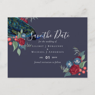 Carte Postale Mariage d'automne et d'hiver en bleu paon et burgu