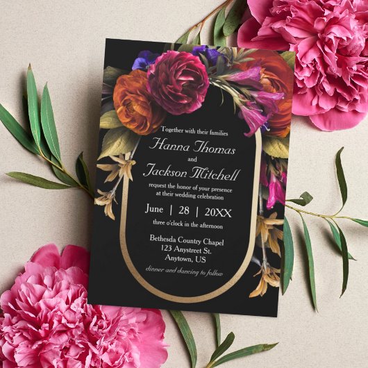 Carte Postale Mariage d'automne floral élégant et foncé