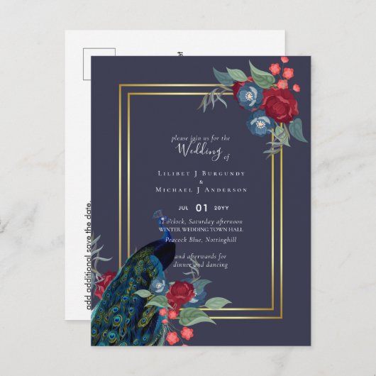 Carte Postale Mariage de automne d'hiver Peacock Blue Burgundy (Devant / Derrière)