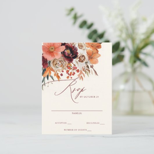 Carte Postale Mariage de automne Floral Orange Bourgogne RSVP (Debout devant)