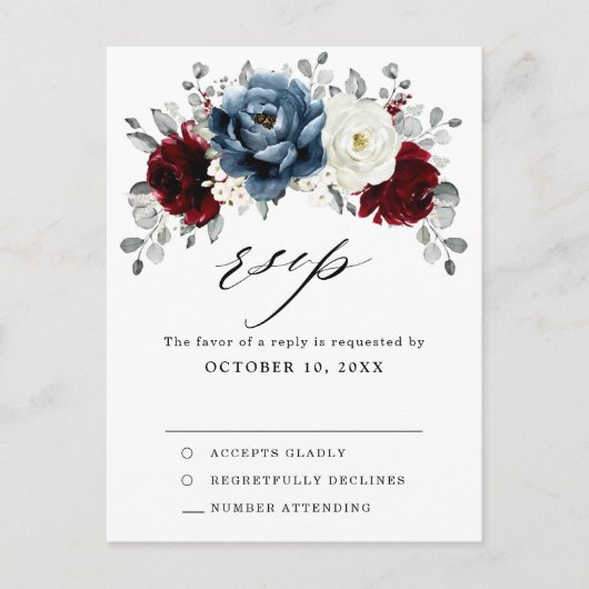 Carte Postale Mariage de Boho d'ivoire blanc bleu ardoise RSVP (Devant)