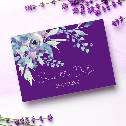 Carte Postale Mariage de Boho Floral Violet Moderne Enregistrer 