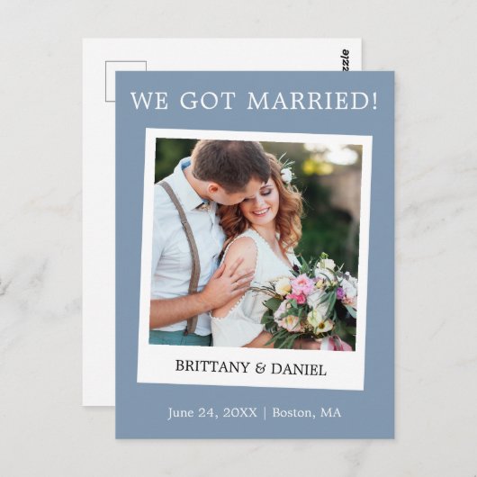 Carte Postale Mariage de caméra instantanée Faire-part Dusty Blu (Devant / Derrière)