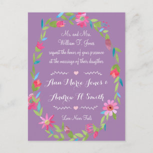 Carte Postale Mariage de couronnes florales violet rose et vert