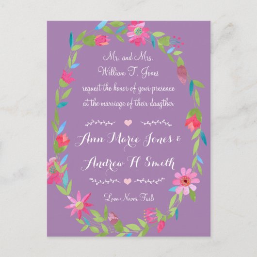Carte Postale Mariage de couronnes florales violet rose et vert (Devant)