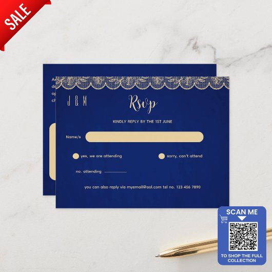Carte Postale Mariage de dentelle bleu or RSVP pour Correspondan