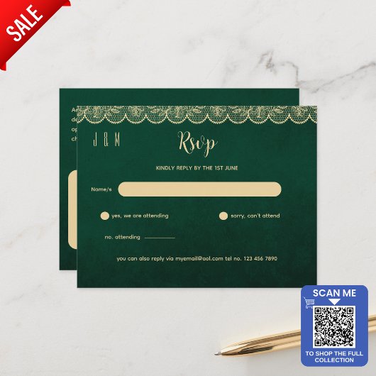 Carte Postale Mariage de dentelle d'or vert RSVP pour Correspond