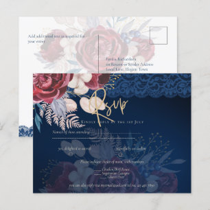 Carte Postale Mariage de dentelle florale bleu Bourgogne moderne