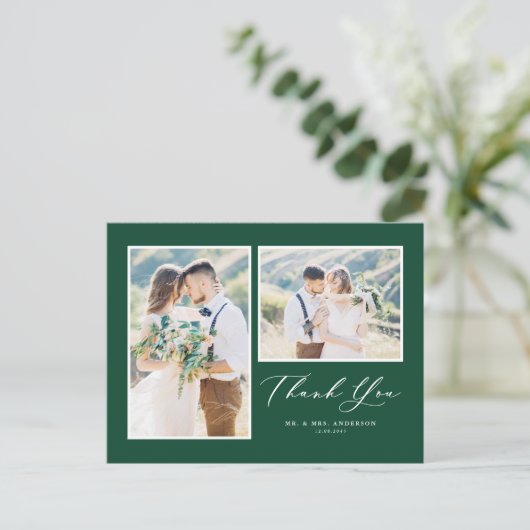 Carte Postale Mariage de deux photos vert script Merci (Debout devant)