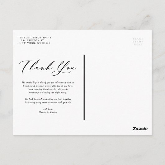 Carte Postale Mariage de deux photos vert script Merci (Dos)