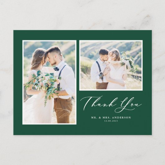 Carte Postale Mariage de deux photos vert script Merci (Devant)