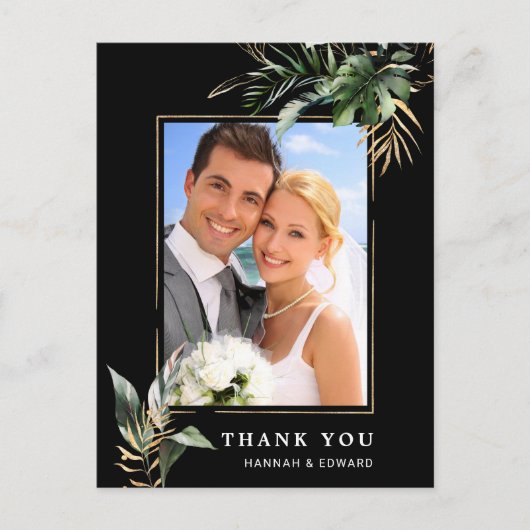 Carte Postale Mariage de feuillage tropical Photo Merci noir (Devant)
