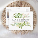 Carte Postale Mariage de feuillage vert sauvage Merci photo<br><div class="desc">Un élégant Merci de mariage Carte postale avec aquarelle vert sauvage feuillage avec fleurs roses. Il conviendra parfaitement aux mariages du printemps, aux mariages d'été, aux mariages de plage et autres événements similaires. Pour une personnalisation plus avancée de cette conception, veuillez cliquer sur le bouton "Personnaliser" ci-dessus ! Des articles...</div>