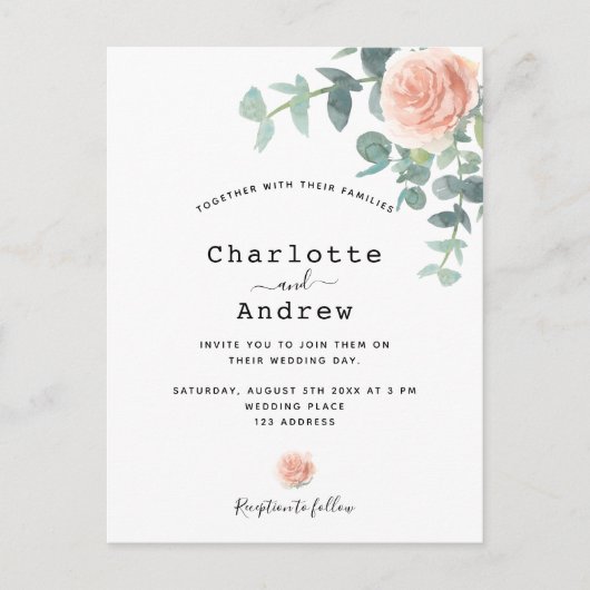 Carte Postale mariage de fleurs d'or rose eucalyptus vert (Devant)