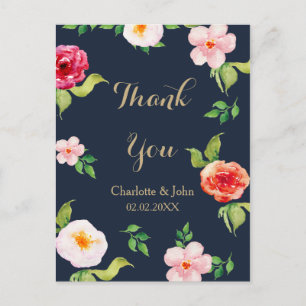 Carte Postale mariage de fleurs marine et or aquarelle